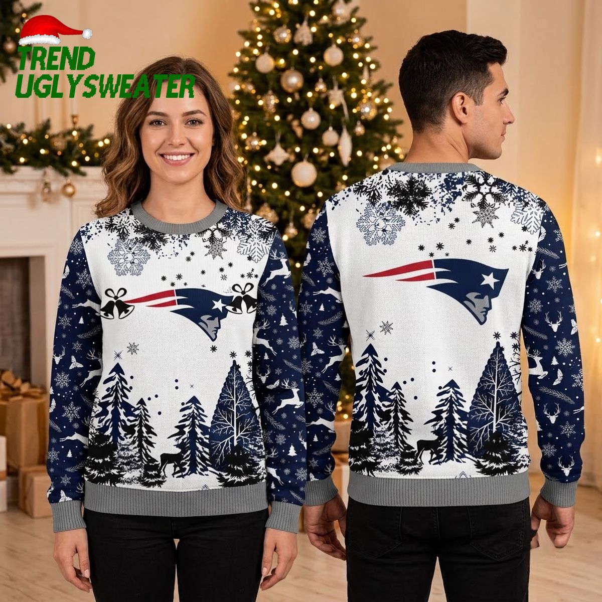 New England Patriots Snowflake Forest Logo Ugly Christmas Sweater