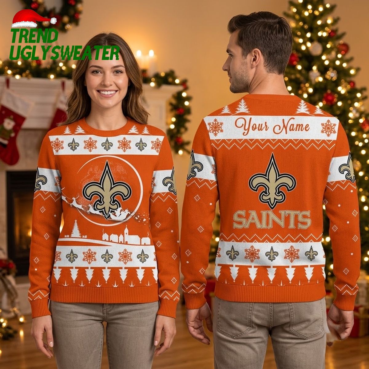 New Orleans Saints Fleur De Lis Custom Name Orange Ugly Christmas Sweater