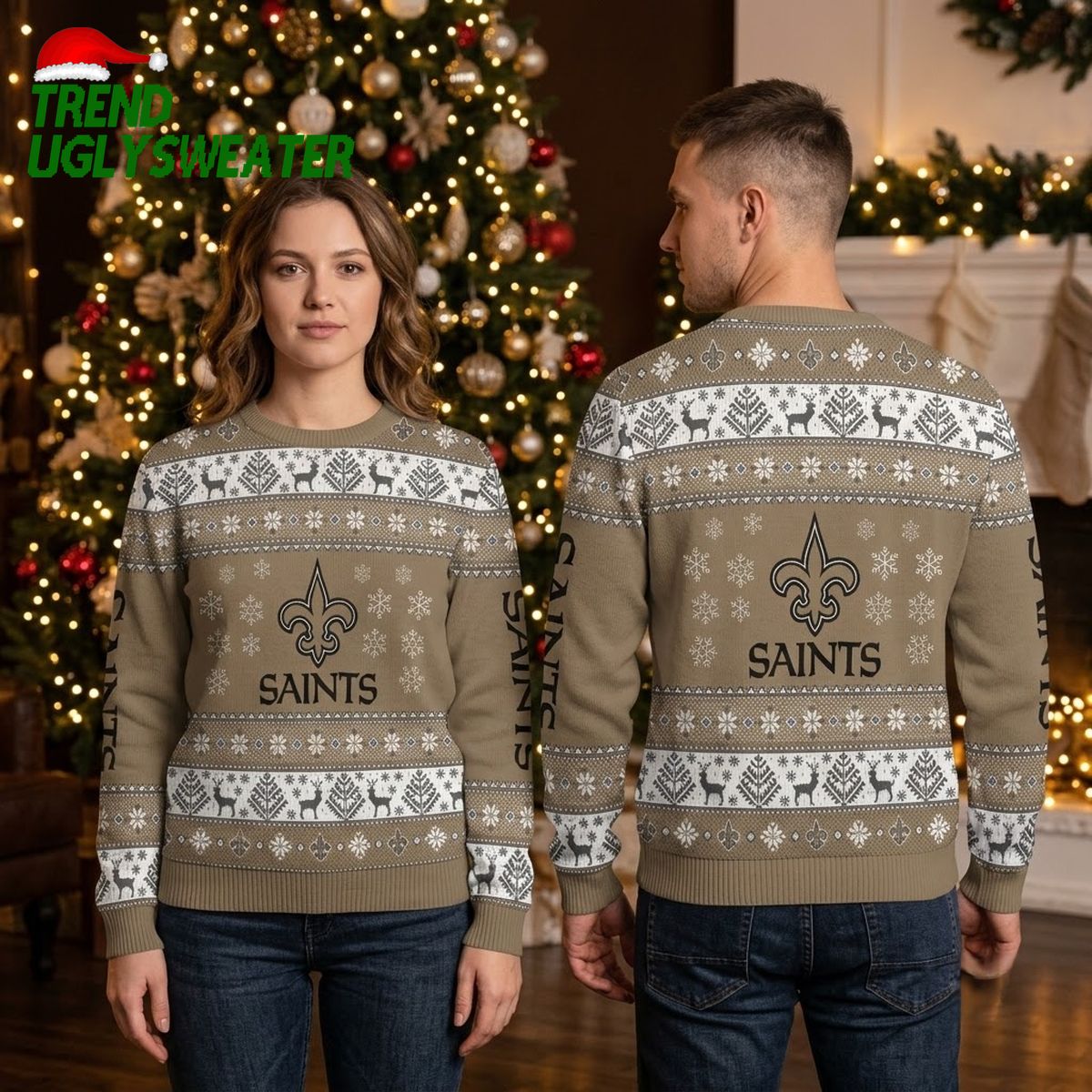 New Orleans Saints Fleur De Lis Reindeer Snowflake Ugly Christmas Sweater
