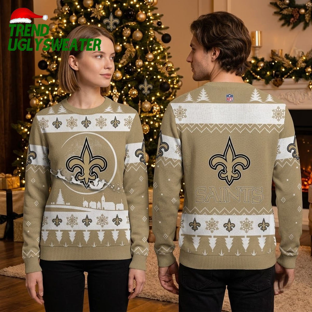 New Orleans Saints Fleur De Lis Santa Sleigh Ugly Christmas Sweater