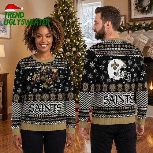 New Orleans Saints Football Player And Helmet Ugly Christmas Sweater
