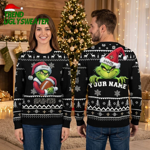 New Orleans Saints Grinch Football Custom Name Ugly Christmas Sweater
