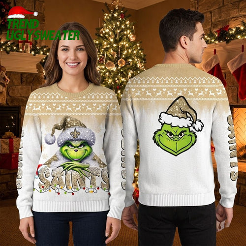New Orleans Saints Grinch Santa Hat Ugly Christmas Sweater