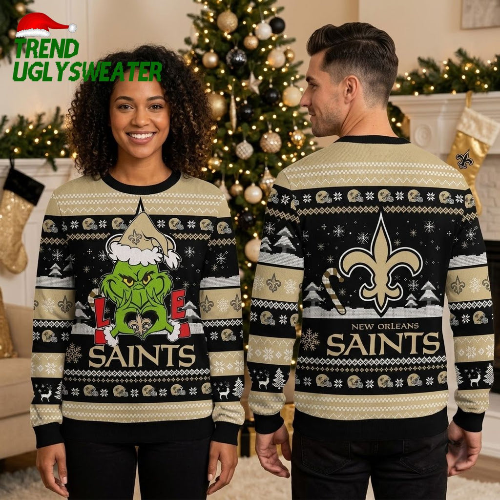New Orleans Saints Grinch Wearing Santa Hat Ugly Christmas Sweater