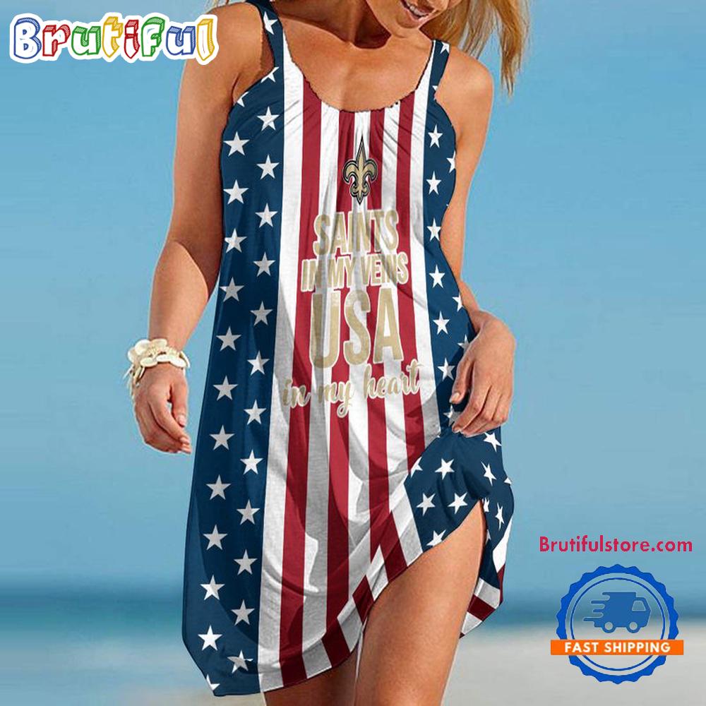 New Orleans Saints In My Veins USA In My Heart Independence Day Women’s Summer Beach Sling Dress