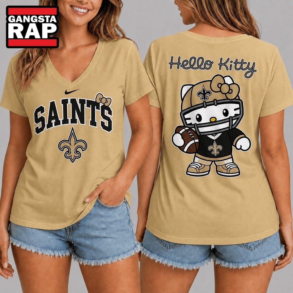 New Orleans Saints NFL Hello Kitty Football V Neck T Shirt