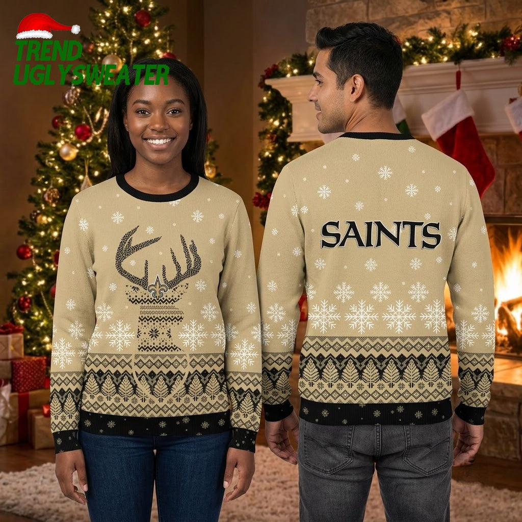 New Orleans Saints Reindeer Antler Logo Ugly Christmas Sweater