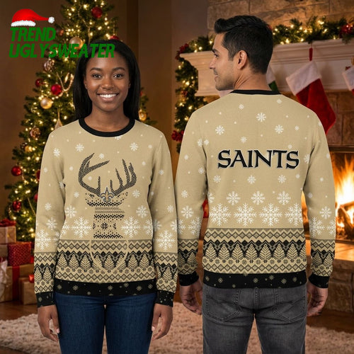 New Orleans Saints Reindeer Antler Logo Ugly Christmas Sweater