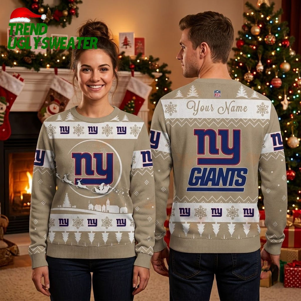 New York Giants Custom Name Reindeer Snowflake Ugly Christmas Sweater