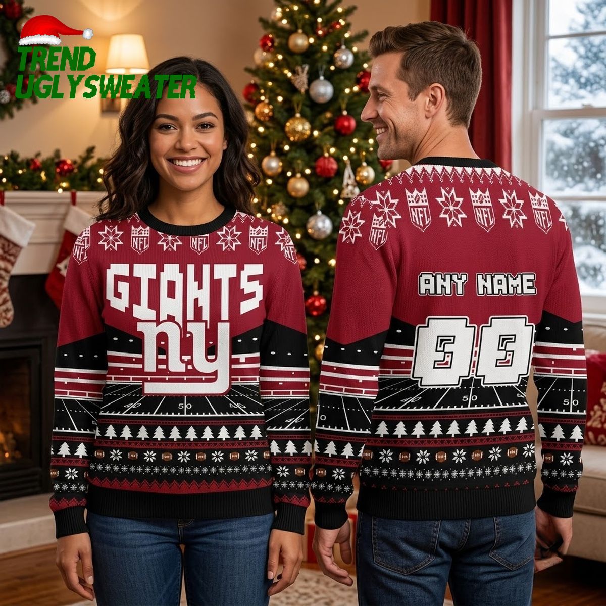 New York Giants Football Field Custom Name And Number Ugly Christmas Sweater