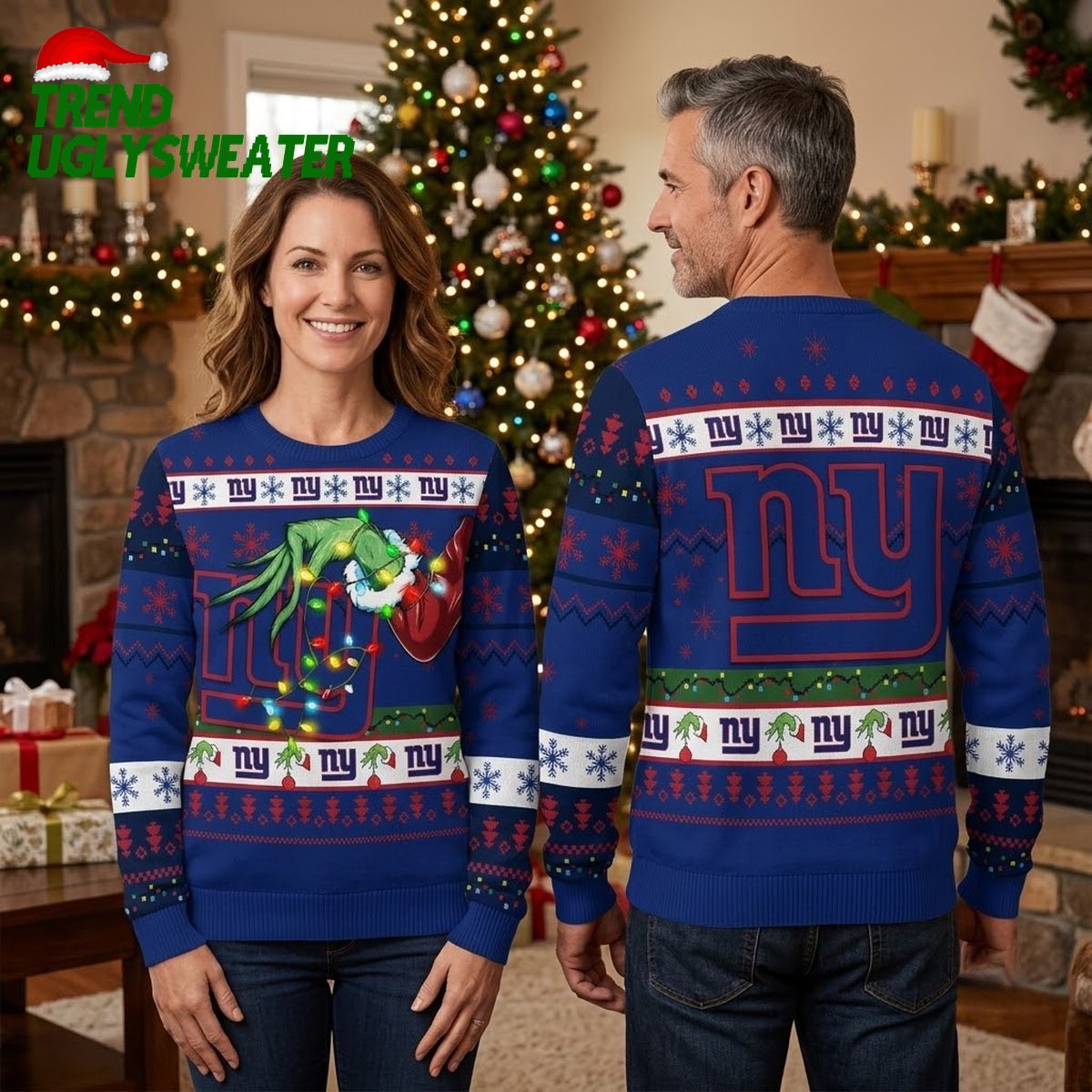 New York Giants Grinch Hand Christmas Lights Ugly Christmas Sweater