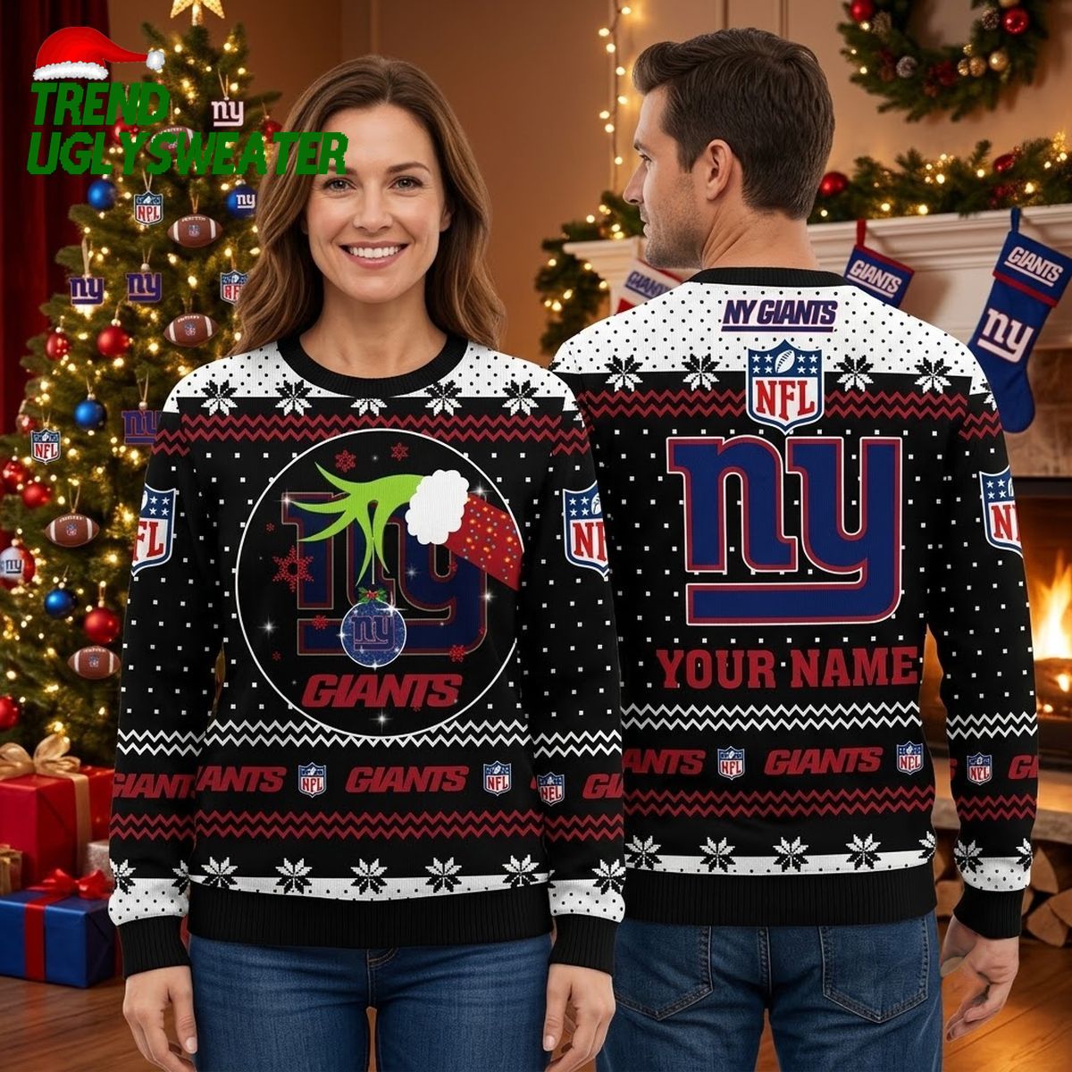 New York Giants Grinch Hands Custom Name Ugly Christmas Sweater