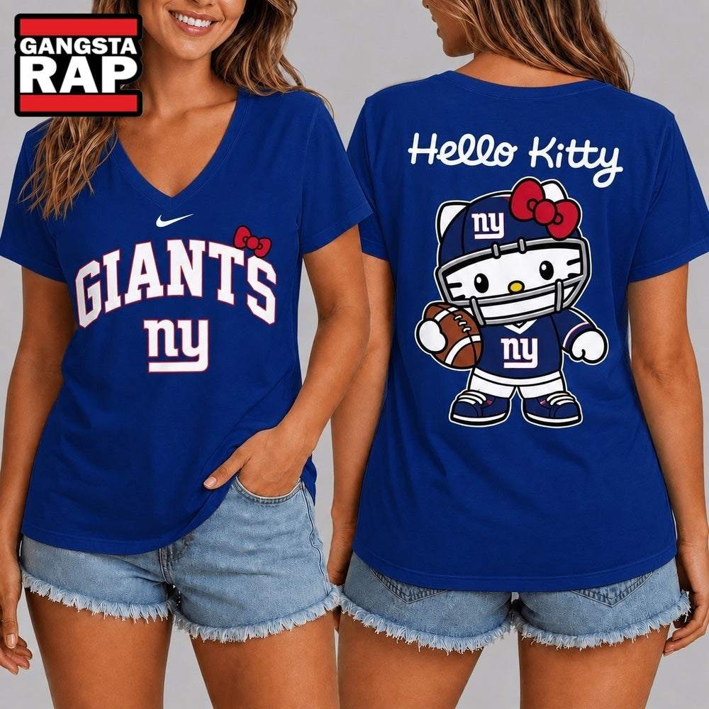 New York Giants NFL Hello Kitty Football V Neck T Shirt