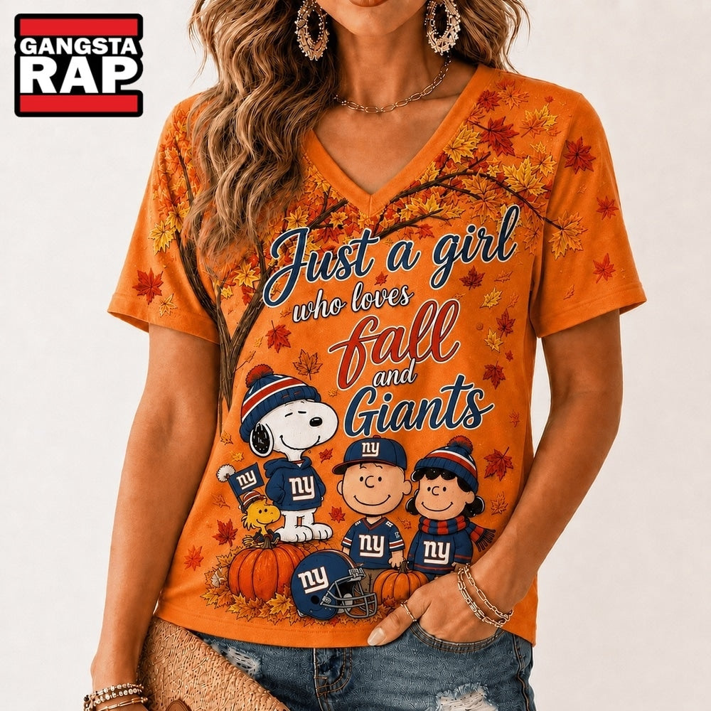 New York Giants NFL Snoopy Peanuts Fall Season V Neck T Shirt