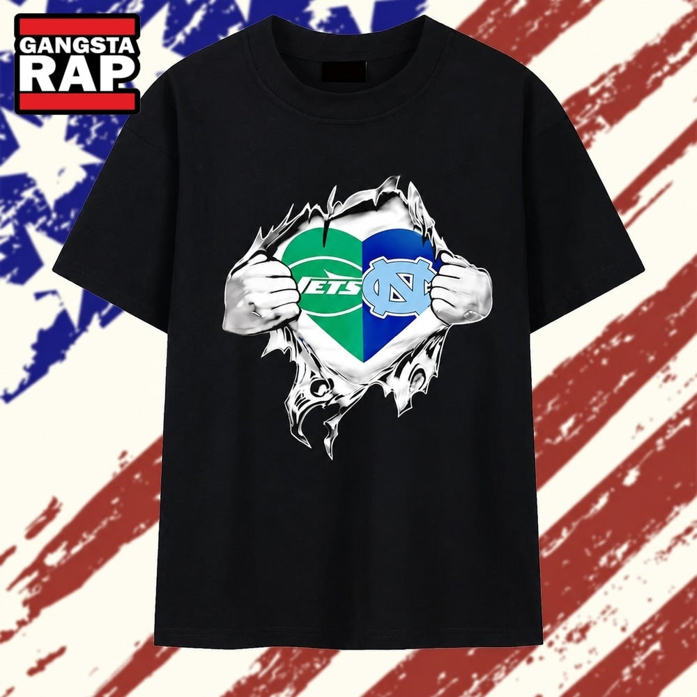 New York Jets and North Carolina Tar Heels mashup heart with Superman chest rip T Shirt