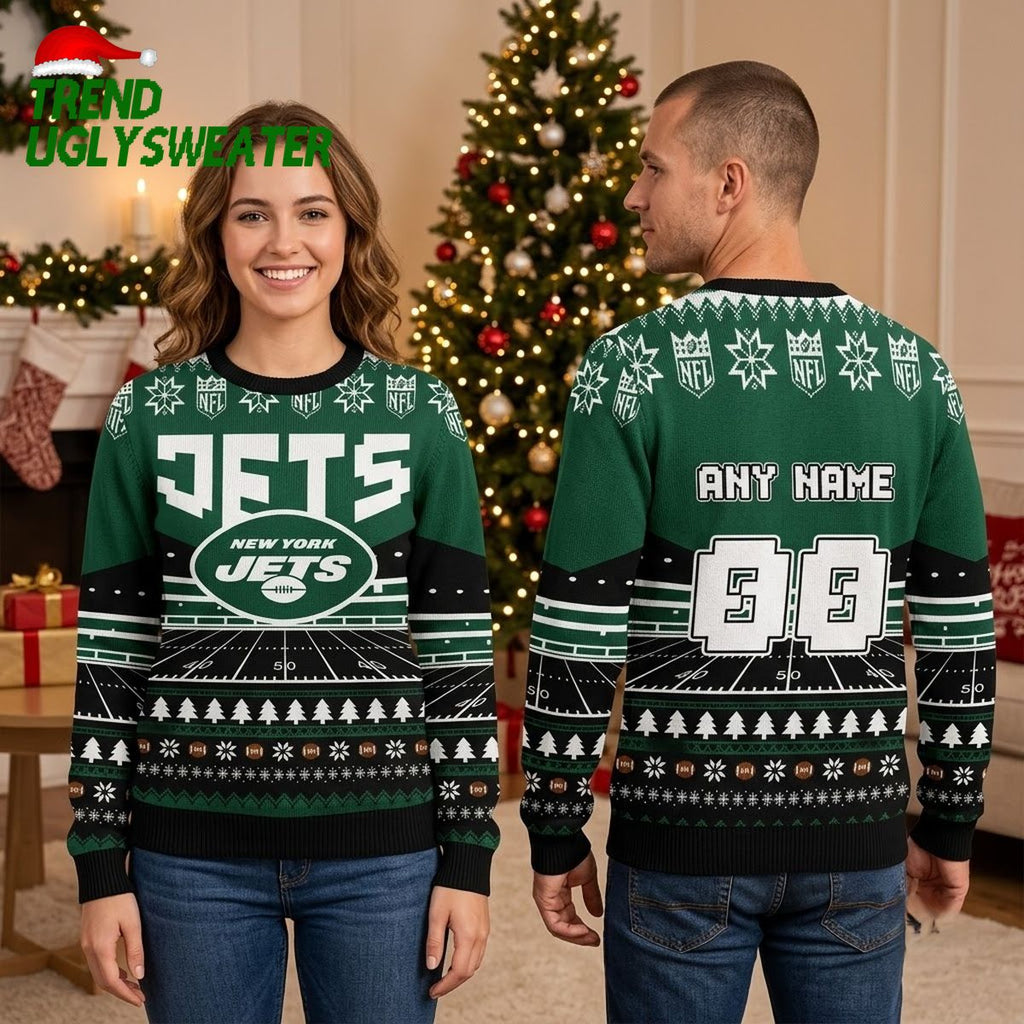 New York Jets Custom Name And Number Football Field Ugly Christmas Sweater