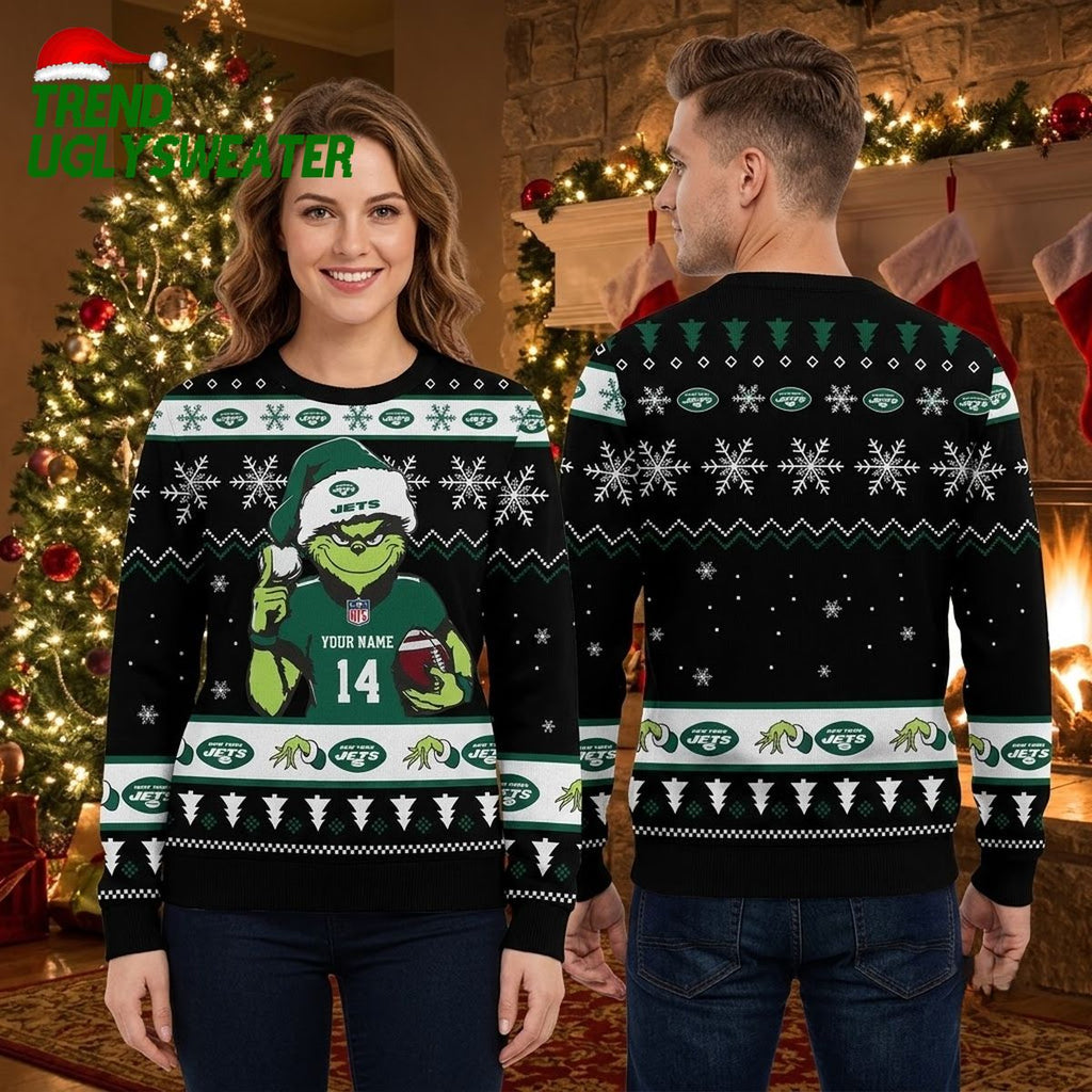 New York Jets Grinch Football Custom Name Ugly Christmas Sweater
