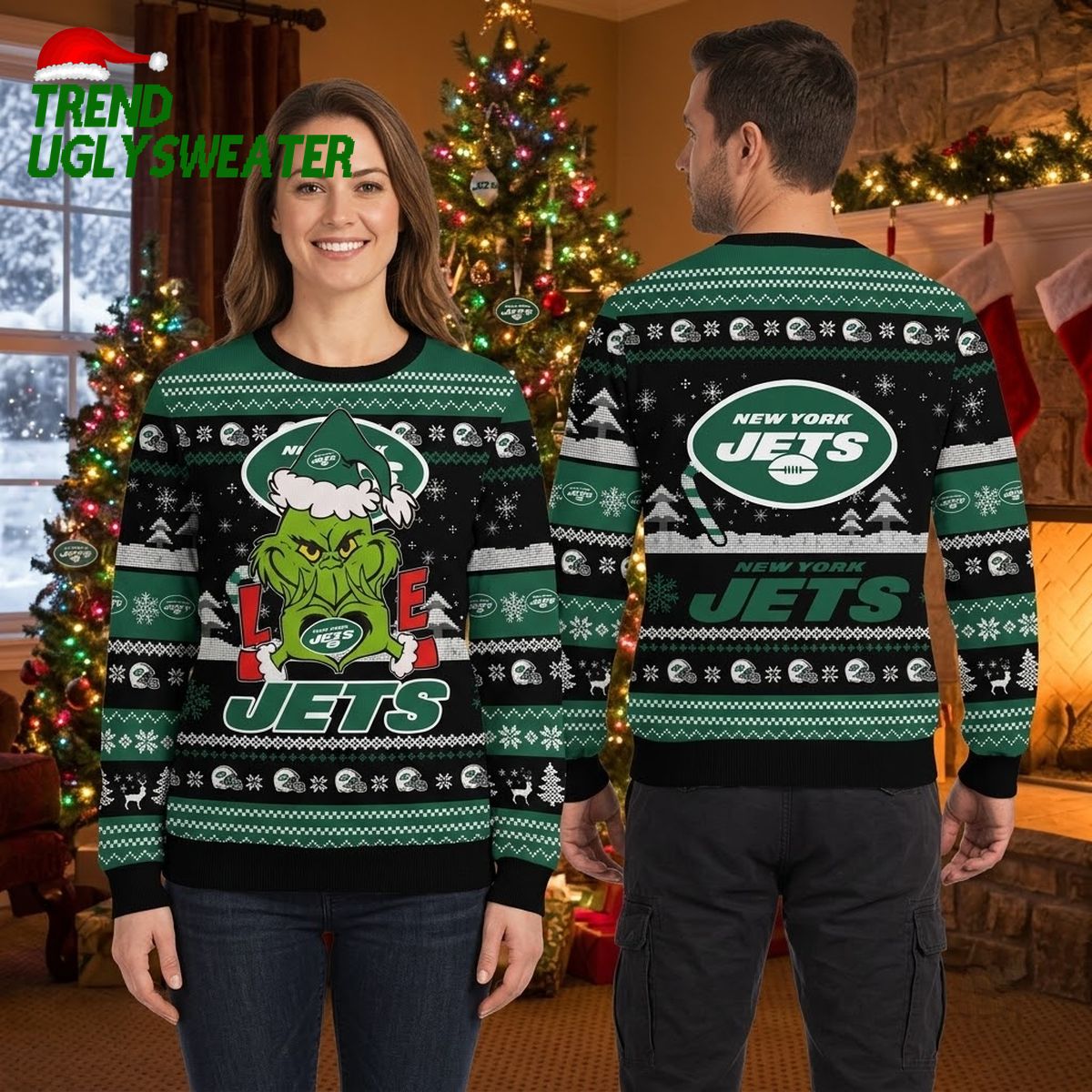 New York Jets Grinch Mascot Santa Hat Ugly Christmas Sweater