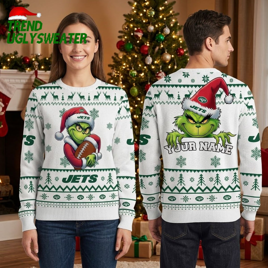 New York Jets Grinch Santa Hats Ugly Christmas Sweater