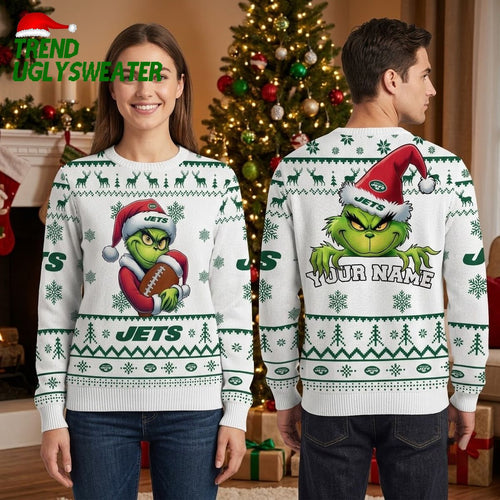 New York Jets Grinch Santa Hats Ugly Christmas Sweater