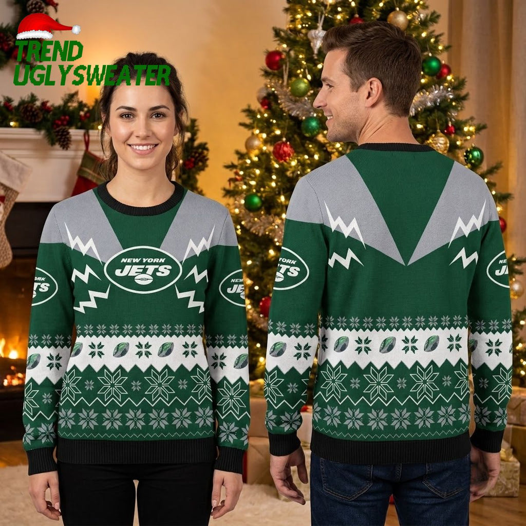 New York Jets Lightning Bolt Football Snowflake Ugly Christmas Sweater