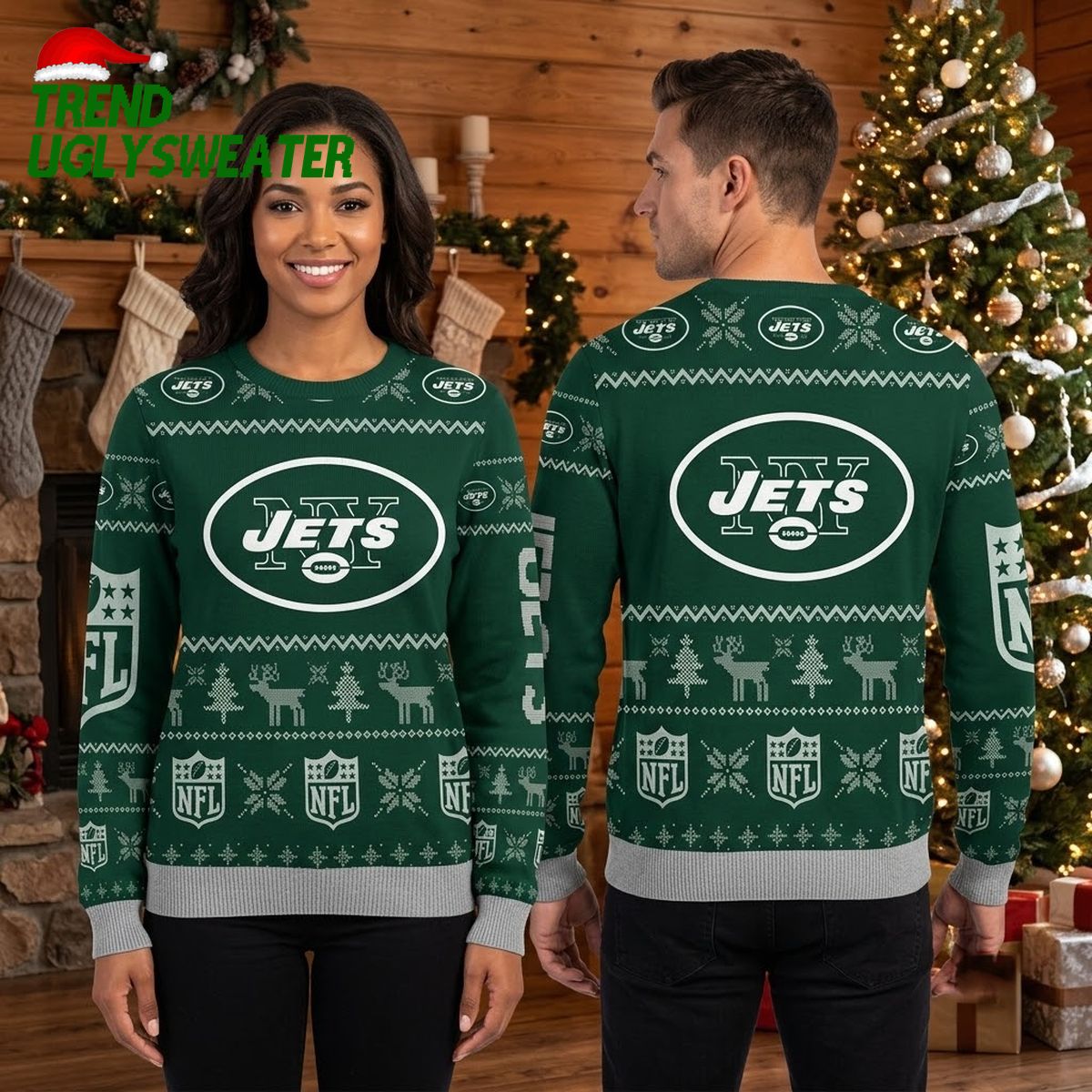 New York Jets Logo Reindeer Snowflake Pattern Ugly Christmas Sweater