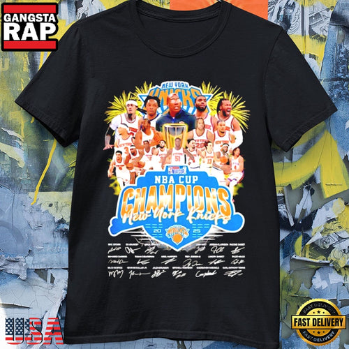 New York Knicks 2025 Nba Cup Champions Celebration Signatures T Shirt
