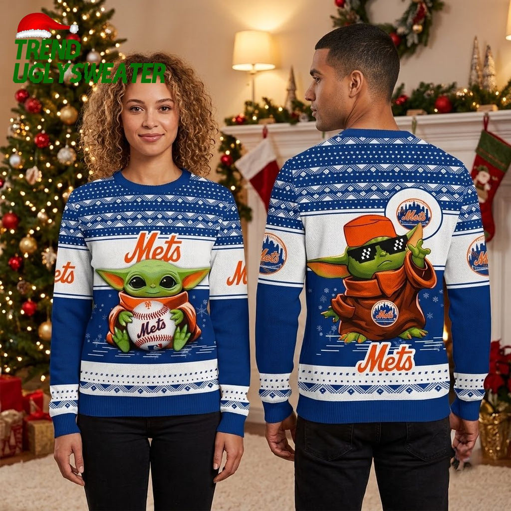 New York Mets Baby Yoda Baseball Ugly Christmas Sweater