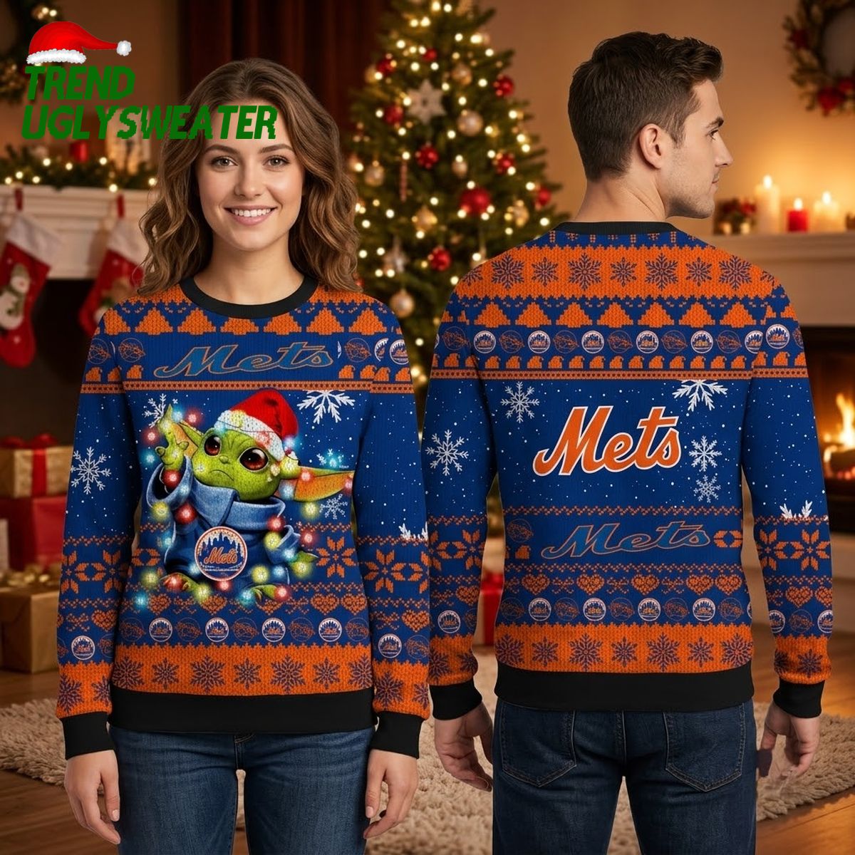 New York Mets Baby Yoda Christmas Lights Navy Blue And Orange Ugly Christmas Sweater
