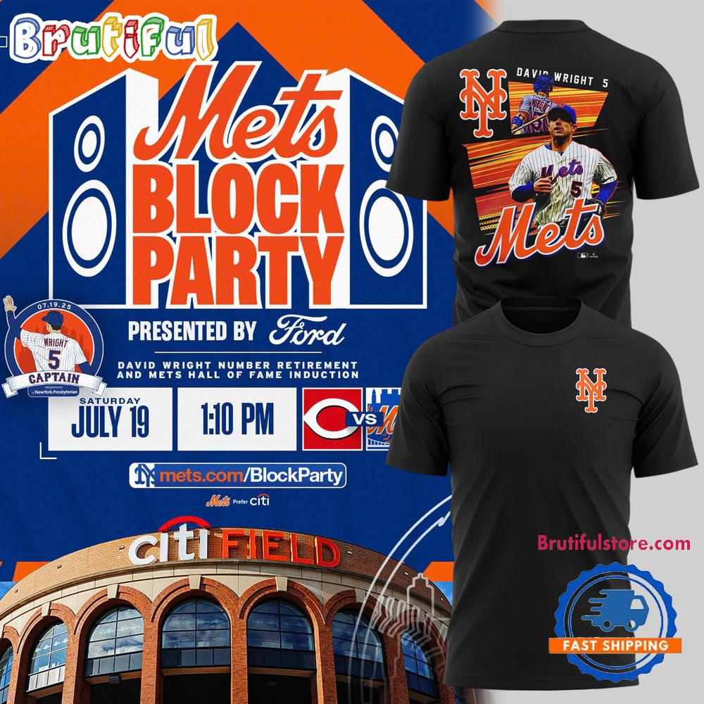 New York Mets Block Party David Wright 2025 Black T Shirt