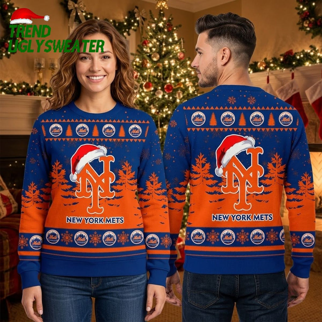 New York Mets Santa Hat Logo And Christmas Trees Ugly Christmas Sweater