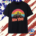 New York skyline city silhouette sunset retro color stripes lettering graphic T Shirt