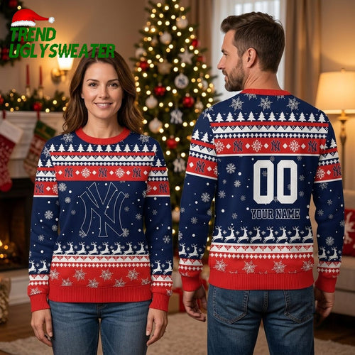 New York Yankees Custom Name And Number Reindeer Navy Blue And Red Ugly Christmas Sweater
