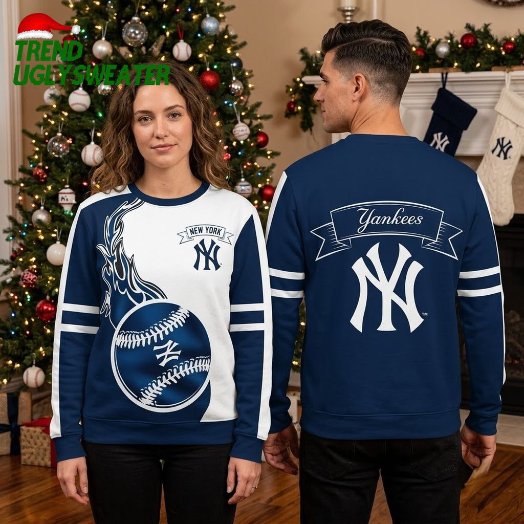 New York Yankees Flaming Baseball Navy Blue Ugly Christmas Sweater