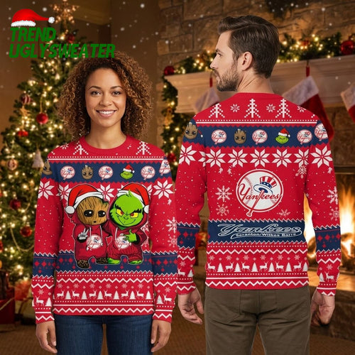 New York Yankees Grinch And Groot Santa Hat Red Ugly Christmas Sweater