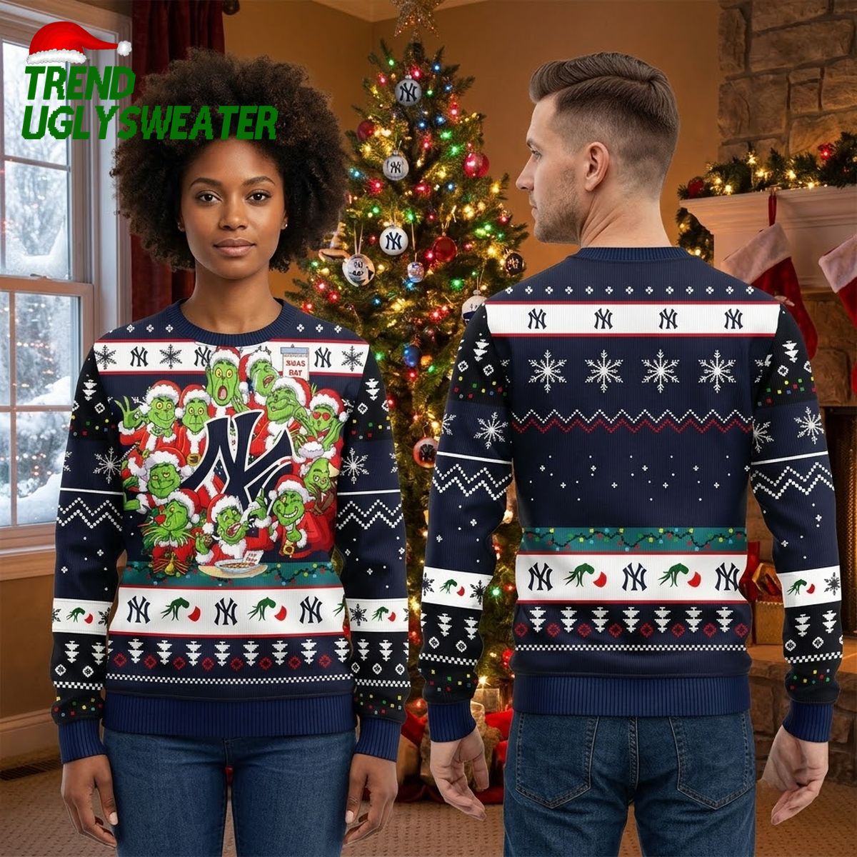 New York Yankees Grinch Christmas Characters Navy Blue Ugly Christmas Sweater