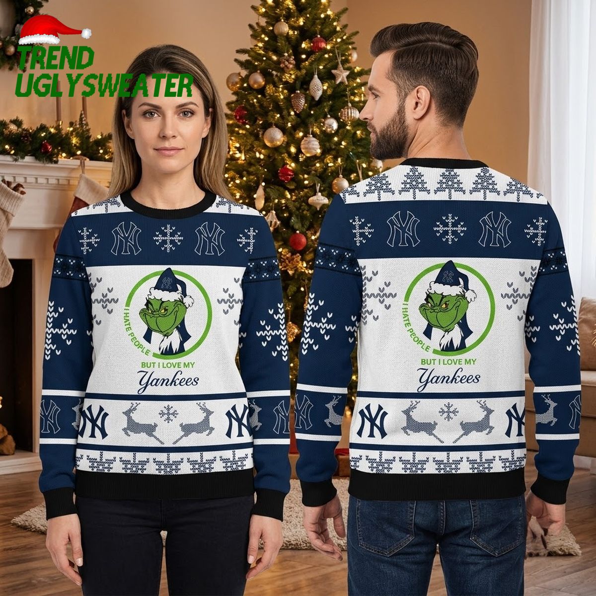 New York Yankees Grinch I Hate People But I Love My Yankees Yankees Logo Snowflake And Reindeer Ugly