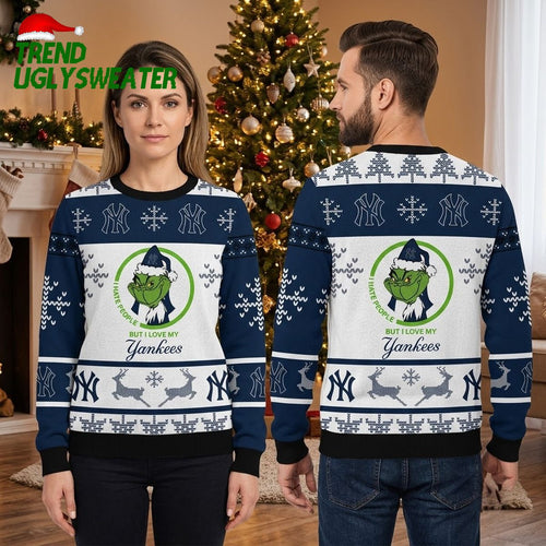 New York Yankees Grinch I Hate People But I Love My Yankees Yankees Logo Snowflake And Reindeer Ugly