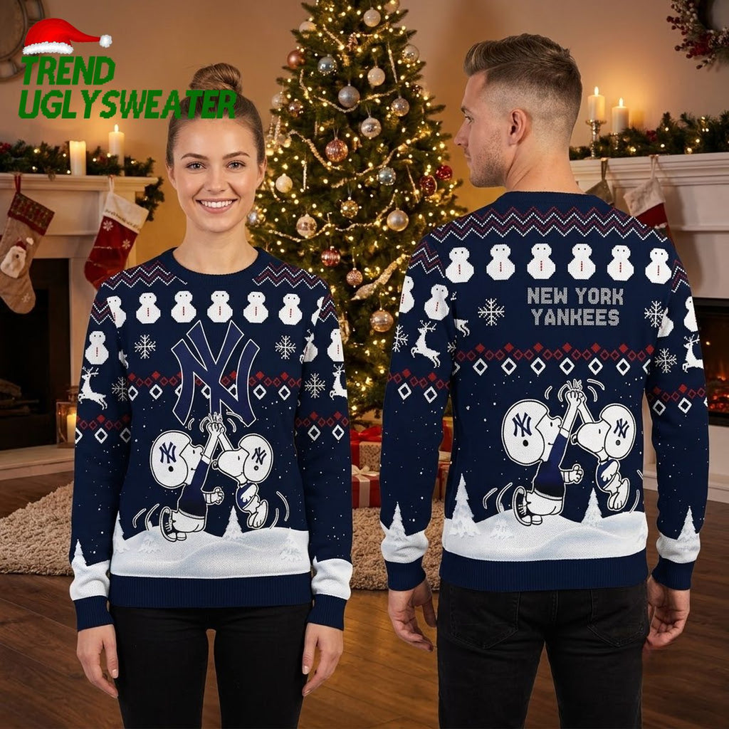 New York Yankees Snoopy And Woodstock Baseball Snowman Ugly Christmas Sweater