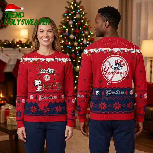 New York Yankees Snoopy Christmas Tree Lights Red Ugly Christmas Sweater