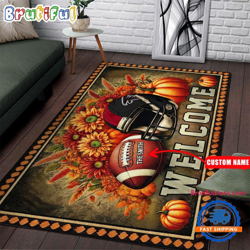 NFL Atlanta Falcons Pumpkin Flower Football Halloween Rectangle Rug
