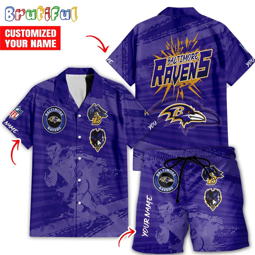 NFL Baltimore Ravens Combo Hawaiian Shirt And Shorts, Football Summer Beach Hawaiian Sets