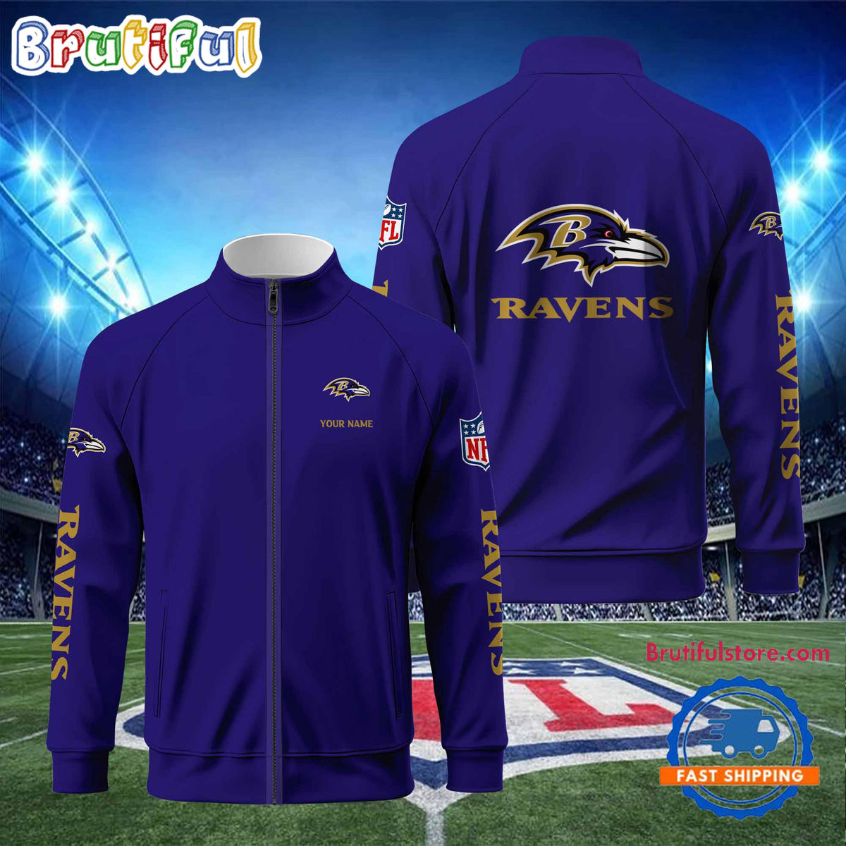 NFL Baltimore Ravens Football Logo Team Standing Neck Zipper Jacket, Custom Football Zipper Jacket