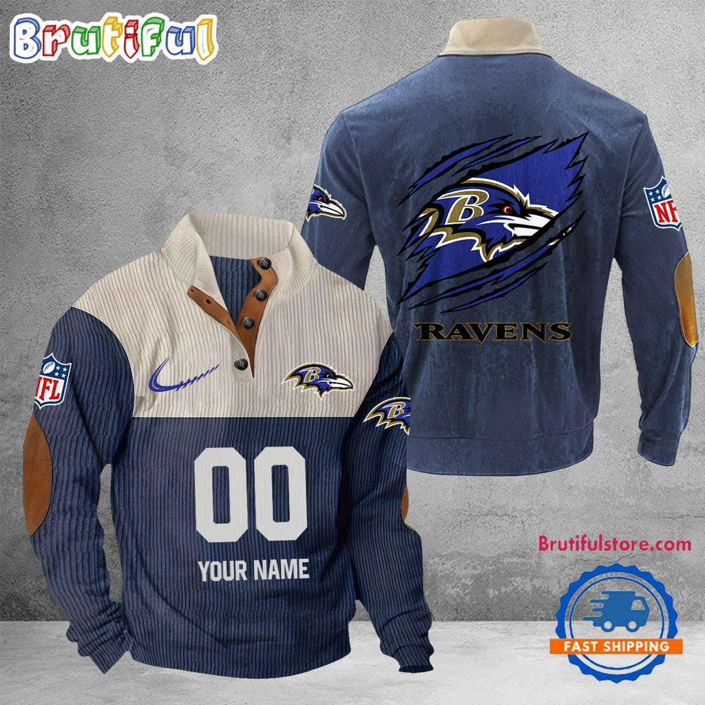 NFL Baltimore Ravens Football Team Custom Name And Number Buttoned Collar Sweatshirt