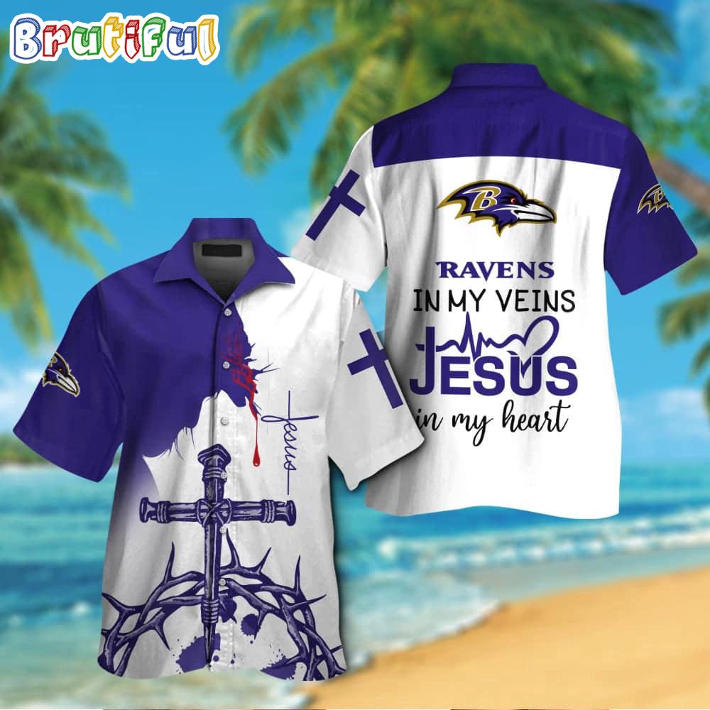 NFL Baltimore Ravens In My Veins Jesus Im My Heart Hawaiian Shirt