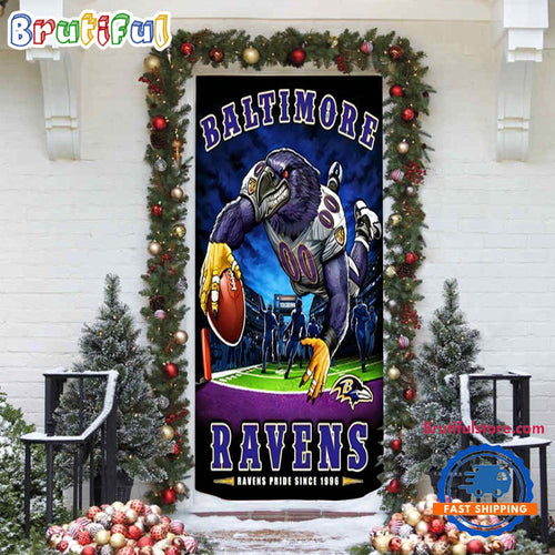 NFL Baltimore Ravens Mascot Football Christmas Door Cover, Football Xmas Door Cover