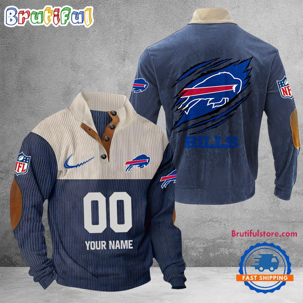 NFL Buffalo Bills Football Team Custom Name And Number Buttoned Collar Sweatshirt