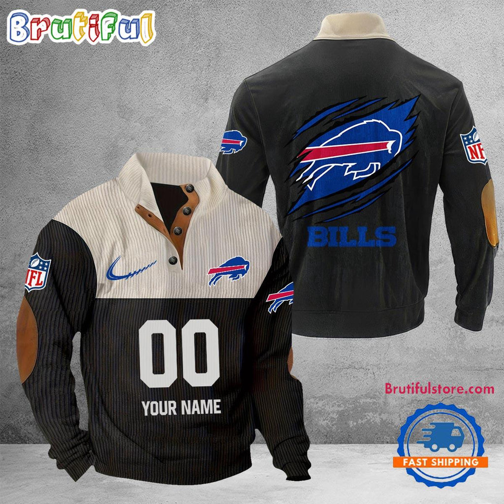 NFL Buffalo Bills Football Team Custom Name And Number Buttoned Collar Sweatshirt