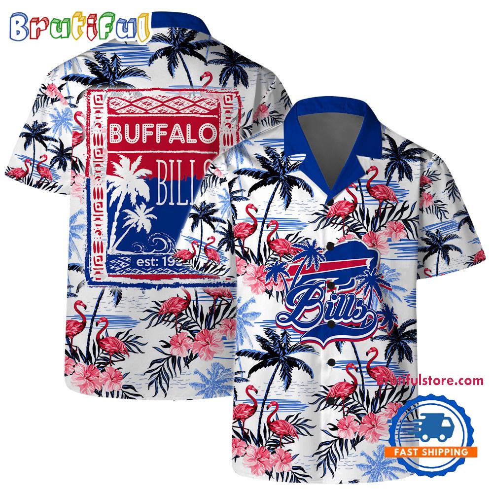 NFL Buffalo Bills Football Team Logo Pattern Flamingo Hibiscus Summer Hawaiian Shirt And Beach Short