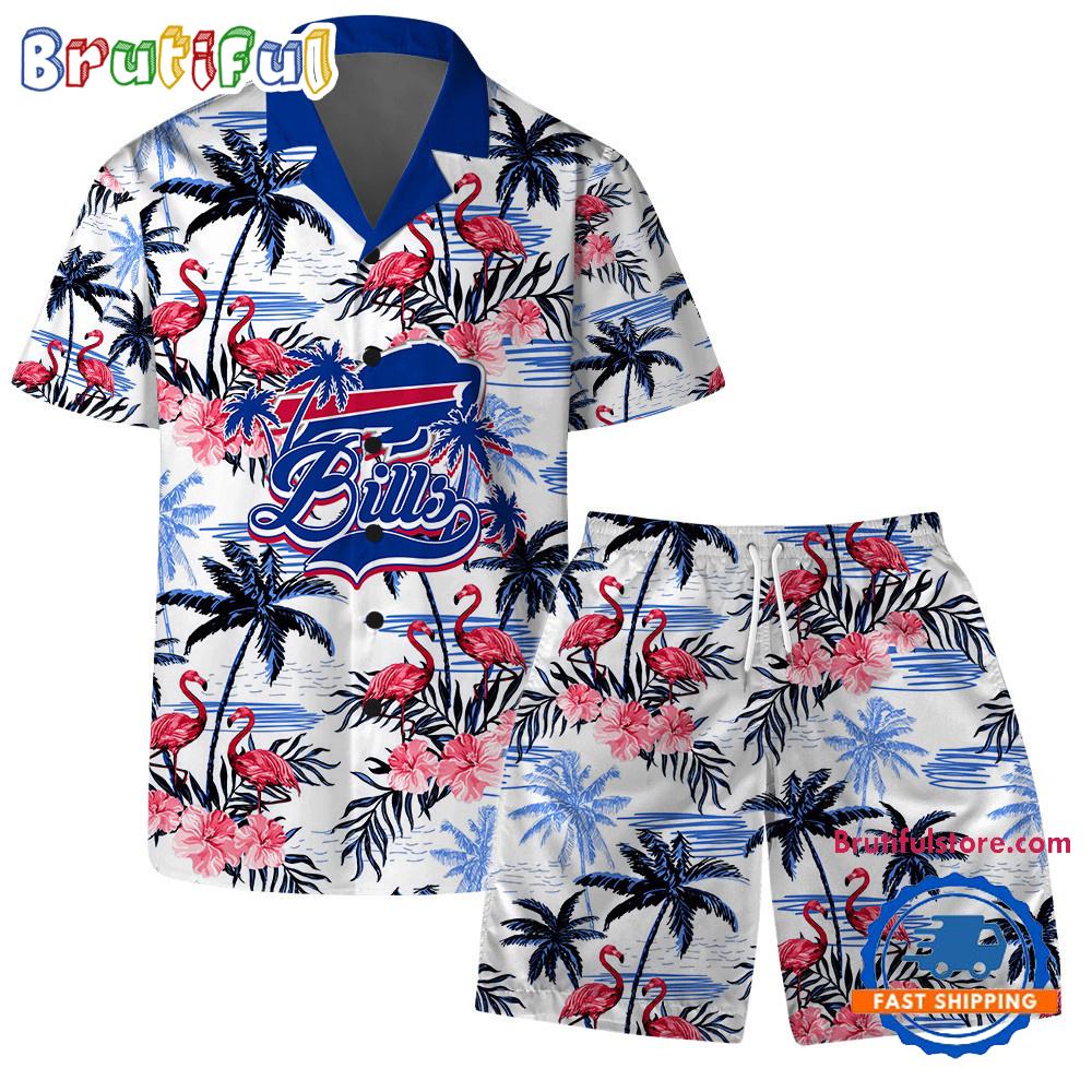 NFL Buffalo Bills Football Team Logo Pattern Flamingo Hibiscus Summer Hawaiian Shirt And Beach Short